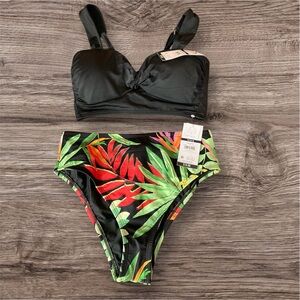 Swimsuit Bikini Set Highwaisted Tropical Print Black Swimsuit Top XS NWT